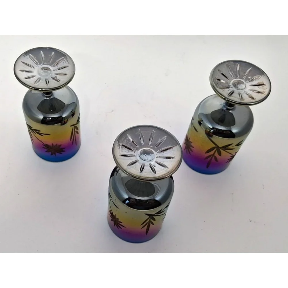 Beautiful Shot glasses or Liqueur 3 Carnival Iridescent Glass Bohemian Cut Style